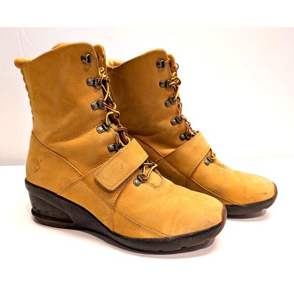 Timberland Nubuck Suede Leather Combat Boots Wedge Heel Womens 10 Tan Wheat - Picture 1 of 11